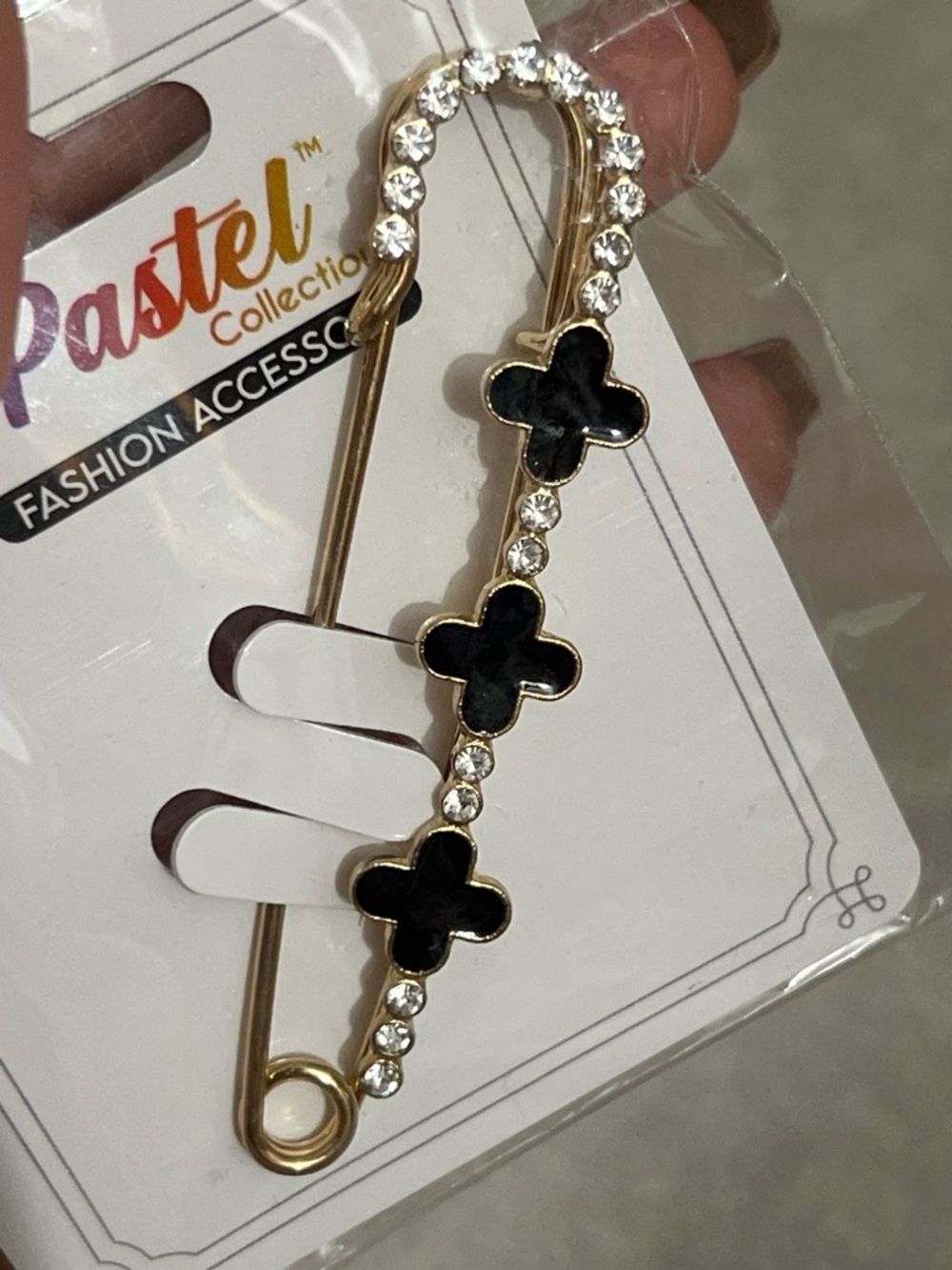 Black & Gold Crystal Safety Pin Brooch